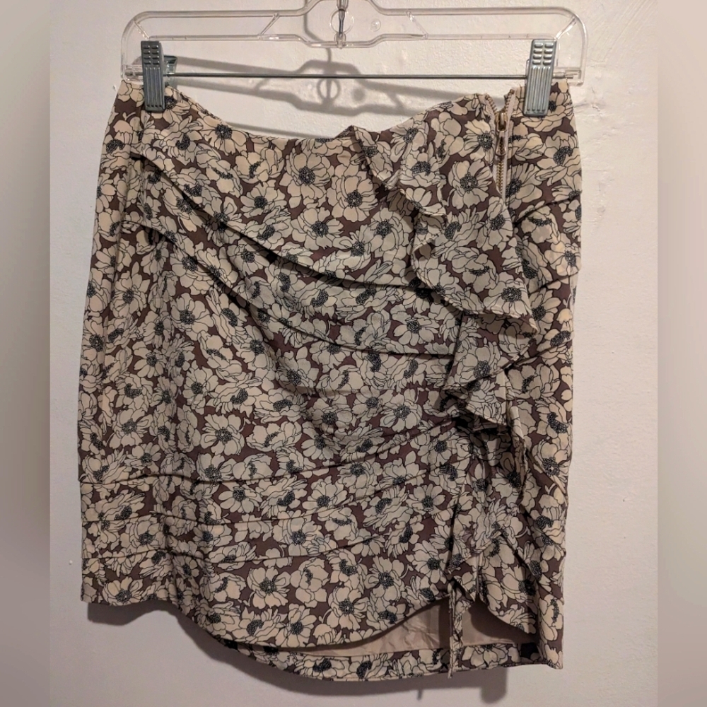 Leifsdottir Anthropologie SILK Flounce Zip Ruffle Mini Skirt 4 Cream Floral